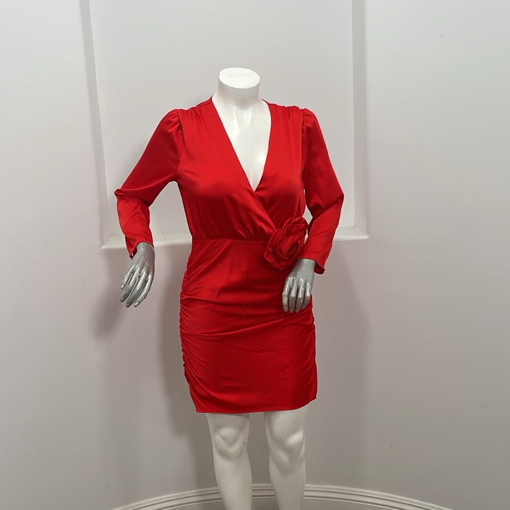 Future Collective Holiday Long Sleeve Rosette Mini Red Dress Size Various - Picture 12 of 13
